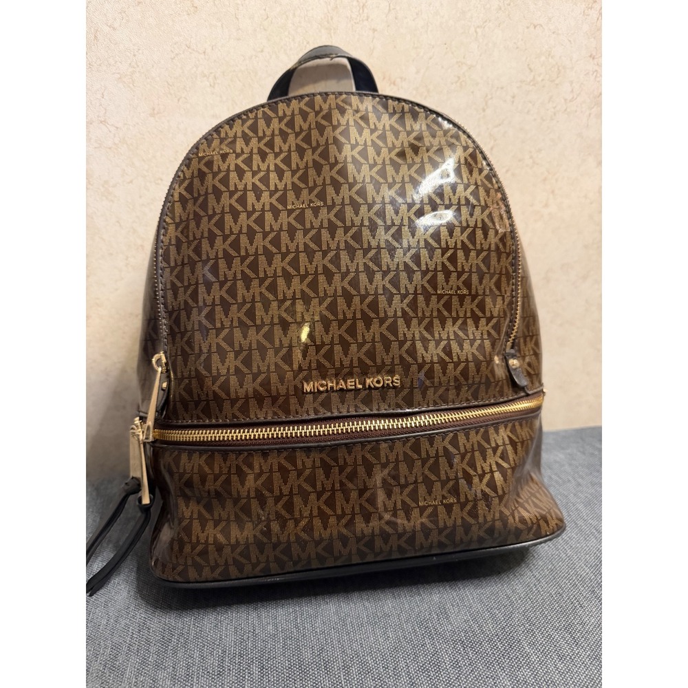 Michael Kors Rhea Medium Slim Backpack Brown Signature Logo Glossy Coated Canvas